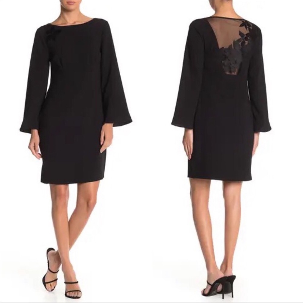 Trina Turk Engaging Dress LBD Bell Sleeve Sexy Mesh Back Black NEW Size 0